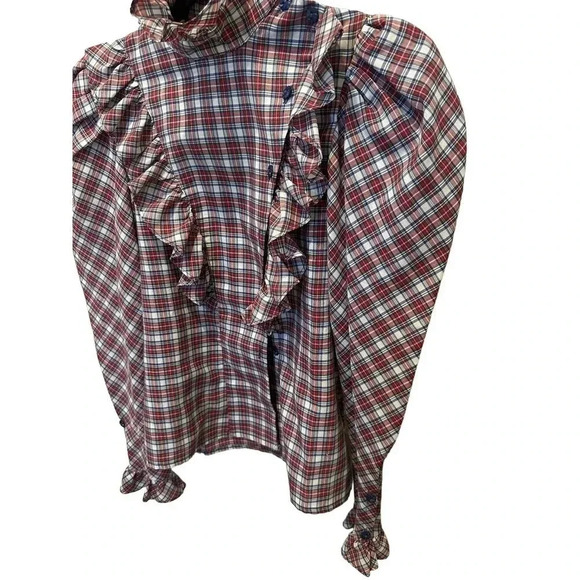 Diane Gilman For Cabai Women's Plaid Tartan Ruffle High‎ Neck Blouse Size 7/8 - Picture 2 of 6